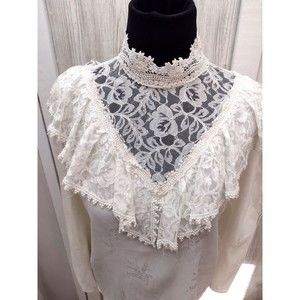 VINTAGE NICOLA VICTORIAN LACE AND SATIN RUFFLE TOP WOMENS SZ 10